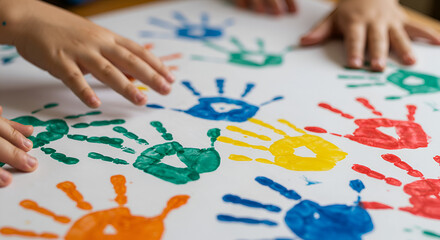 Fototapeta premium Children's hands creating colorful handprints on paper