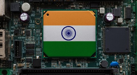 India Flag on CPU Chip, Symbol of Global Chip War and Semiconductor Technology Race, Semiconductor Industry and Tech Dominance.