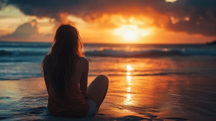 Fototapeta premium Silhouette of a woman sitting on a beach during a beautiful sunset.