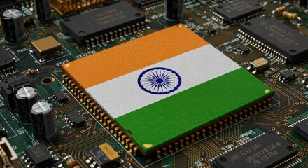 India Flag on CPU Chip, Symbol of Global Chip War and Semiconductor Technology Race, Semiconductor Industry and Tech Dominance.
