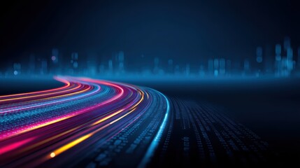 Fototapeta premium Colorful light trails curve through a digital landscape, symbolizing fast data transfer and advanced technology in a futuristic setting