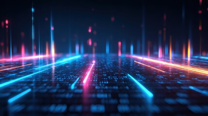 Fototapeta premium Futuristic digital landscape with glowing neon lines and data streams on a dark background, evoking technology and cyberspace