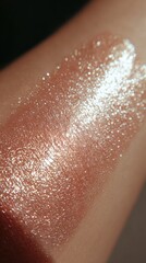 Fototapeta premium Sparkling rose gold glitter lip gloss swatch on skin with light reflection