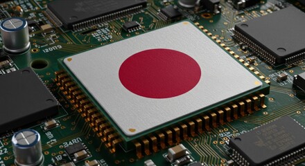 Japan Flag on CPU Chip, Symbol of Global Chip War and Semiconductor Technology Race, Semiconductor Industry and Tech Dominance.