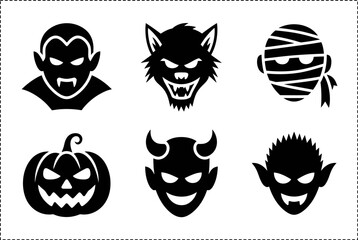 Halloween monster face silhouette collection, pumpkin vampire werewolf mummy, spooky horror design, unique vector illustration