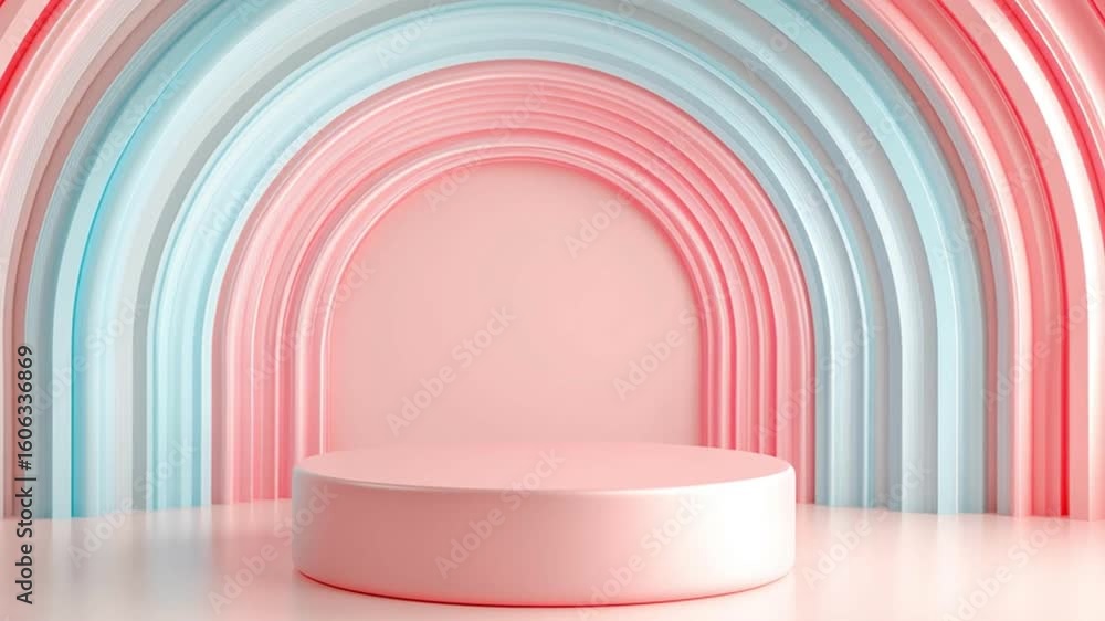 Poster soft pastel pink and blue arch shapes create smooth modern background with round platform for produc