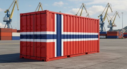 Norway Flag on Cargo Container, Symbol of Global Trade, Shipping, and Economic Tensions. International Shipping and Trade War Impact