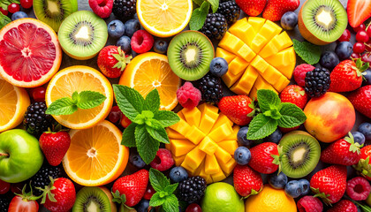 Colorful Assortment of Fresh Fruits and berries with mint, healthy vegan food