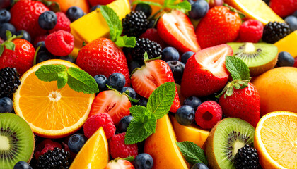 Colorful Assortment of Fresh Fruits and berries with mint, healthy vegan food