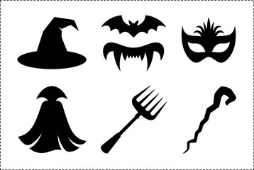 Witch hat mask cloak fork magic wand silhouette collection, Halloween costume vector set, unique creative design