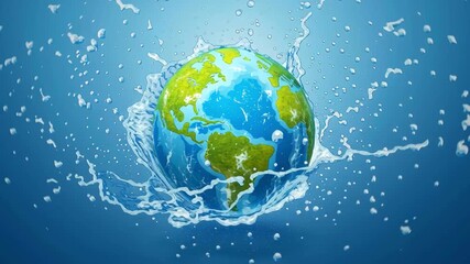 Earth globe water splash with blue ocean and green land symbolizing clean nature and fresh environmental concept with liquid droplets wave