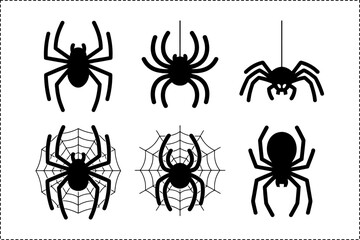 Spider web silhouette vector set, hanging spider collection, Halloween creepy design, unique black illustration for crafts