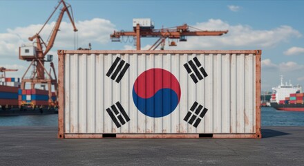 South Korea Flag on Cargo Container, Symbol of Global Trade, Shipping, and Economic Tensions. International Shipping and Trade War Impact