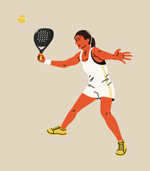 Strong backhand move from a female padel player, ideal for technique infographics and game dynamics visuals.