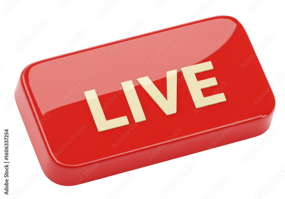 Poster a glossy red button with the word live in gold letters, isolated on a transparent background