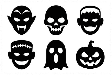 Halloween scary face silhouette collection, vampire skull ghost pumpkin, spooky mask set, creative black illustration