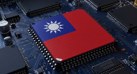 Taiwan Flag on CPU Chip, Symbol of Global Chip War and Semiconductor Technology Race, Semiconductor Industry and Tech Dominance.