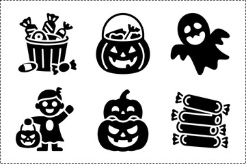 Halloween monster face creative silhouette collection, vampire skull ghost pumpkin, spooky mask set, unique black illustration