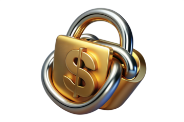 A close up of a gold padlock with a dollar sign on it against a transparent background image view