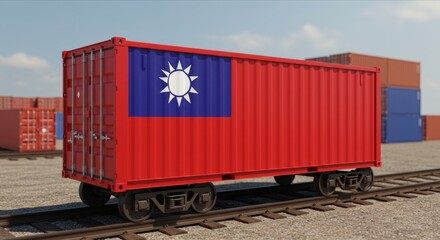 Taiwan Flag on Cargo Container, Symbol of Global Trade, Shipping, and Economic Tensions. International Shipping and Trade War Impact