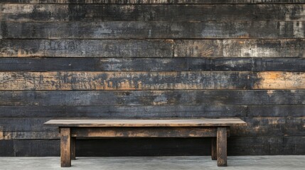 Rustic Wooden Bench Against Dark Wood Wall.