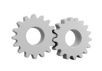 Two interlocking white gears symbolizing teamwork and mechanical connection, isolated on a transparent background