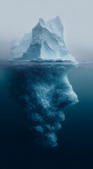 Majestic iceberg floating in ocean with surreal underwater face formation, side view showing natural ice sculpture and arctic landscape under blue sky.
