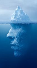 Majestic iceberg floating in ocean with surreal underwater face formation, side view showing natural ice sculpture and arctic landscape under blue sky.