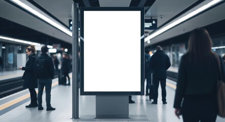 Illuminated Blank Billboard Amidst Blurred Commuters in a Sleek Metro Station