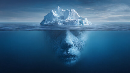 Majestic iceberg floating in ocean with surreal underwater face formation, side view showing natural ice sculpture and arctic landscape under blue sky.