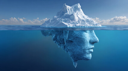 Majestic iceberg floating in ocean with surreal underwater face formation, side view showing natural ice sculpture and arctic landscape under blue sky.