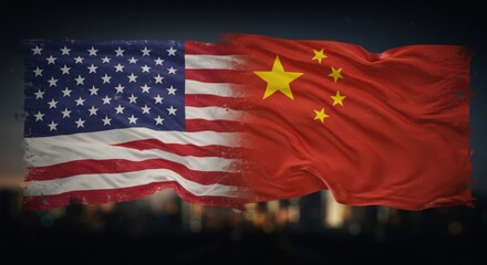China and USA Flags Waving Together. Symbol of Trade War, Economic Crisis, and Diplomatic Tensions, Concept of Broken Relations and Trade Conflict.
