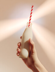 Hand holding a bottle of milk with straw on light pastel solid background, super realistic cinematic style with dramatic lighting and neutral colors, healthy drink concept.
