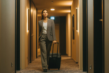 Fototapeta premium Caucasian young adult woman walking down hotel hallway pulling suitcase, business traveler arriving or departing, professional attire indicating hotel service context