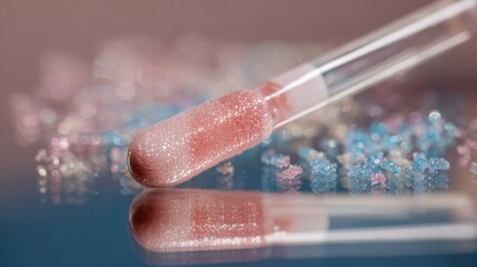 Close up of a crystal swab with red crystals and blue crystals in the background on a reflective surface