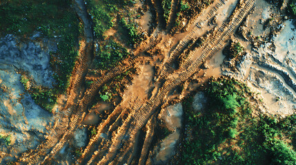 Aerial view of rugged muddy mountain trail with deep tracks under golden sunrise light, morning mist and fog creating dramatic topographic map effect in wilderness landscape.