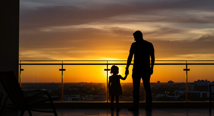 Silhouette of father and daughter watching sunset from balcony