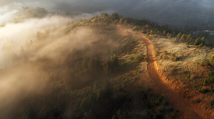 Aerial view of rugged muddy mountain trail with deep tracks under golden sunrise light, morning mist and fog creating dramatic topographic map effect in wilderness landscape.
