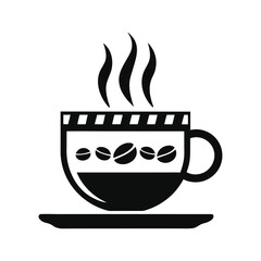 Black and white icon of a steaming coffee cup with beans on a saucer drink beverage