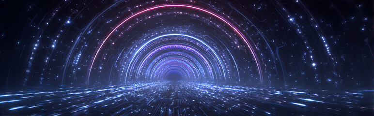 Vibrant blue-purple gradient particle flows forming an endless tunnel with glowing circuit patterns, futuristic digital abstract background for technology and sci-fi concepts.