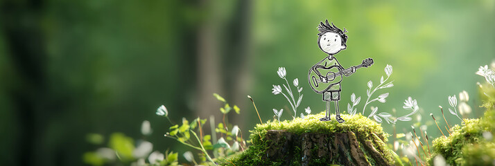 A cheerful boy playing guitar standing on moss-covered tree stump with minimalist style, glowing outlines and artistic touch, surrounded by blurred green plants and white flowers in the background.