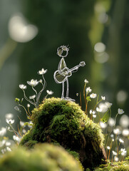 A cheerful boy playing guitar standing on moss-covered tree stump with minimalist style, glowing outlines and artistic touch, surrounded by blurred green plants and white flowers in the background.