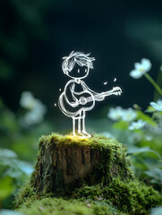A cheerful boy playing guitar standing on moss-covered tree stump with minimalist style, glowing outlines and artistic touch, surrounded by blurred green plants and white flowers in the background.