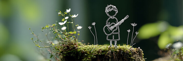 A cheerful boy playing guitar standing on moss-covered tree stump with minimalist style, glowing outlines and artistic touch, surrounded by blurred green plants and white flowers in the background.