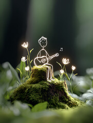 A cheerful boy playing guitar standing on moss-covered tree stump with minimalist style, glowing outlines and artistic touch, surrounded by blurred green plants and white flowers in the background.