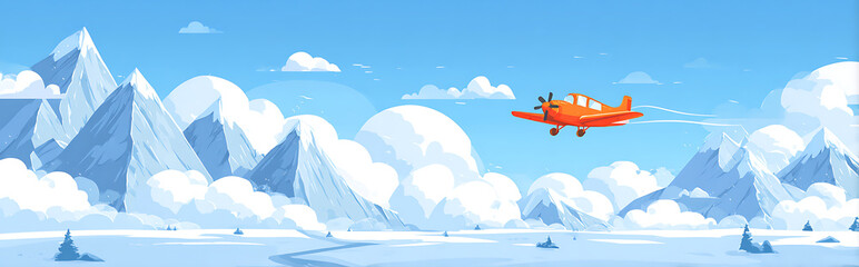 2D cartoon airplane flying between snowy mountain peaks under bright blue sky, minimal flat design with playful and colorful style, perfect for mobile game icon or app illustration.