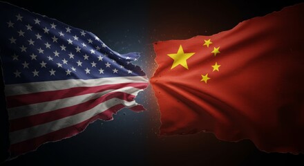 China and USA Flags Waving Together. Symbol of Trade War, Economic Crisis, and Diplomatic Tensions, Concept of Broken Relations and Trade Conflict.