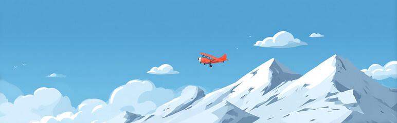 2D cartoon airplane flying between snowy mountain peaks under bright blue sky, minimal flat design with playful and colorful style, perfect for mobile game icon or app illustration.