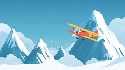 2D cartoon airplane flying between snowy mountain peaks under bright blue sky, minimal flat design with playful and colorful style, perfect for mobile game icon or app illustration.