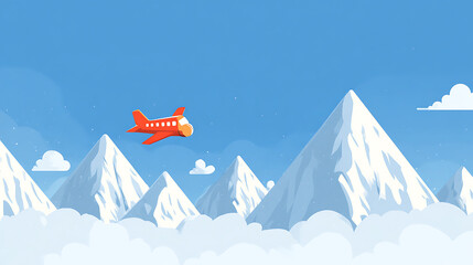 2D cartoon airplane flying between snowy mountain peaks under bright blue sky, minimal flat design with playful and colorful style, perfect for mobile game icon or app illustration.